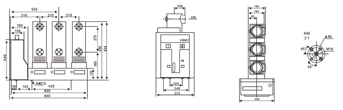 側裝式戶內真空斷路器外形及安裝尺寸