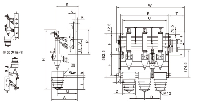 側面倒裝右操作、側裝左操作圖一